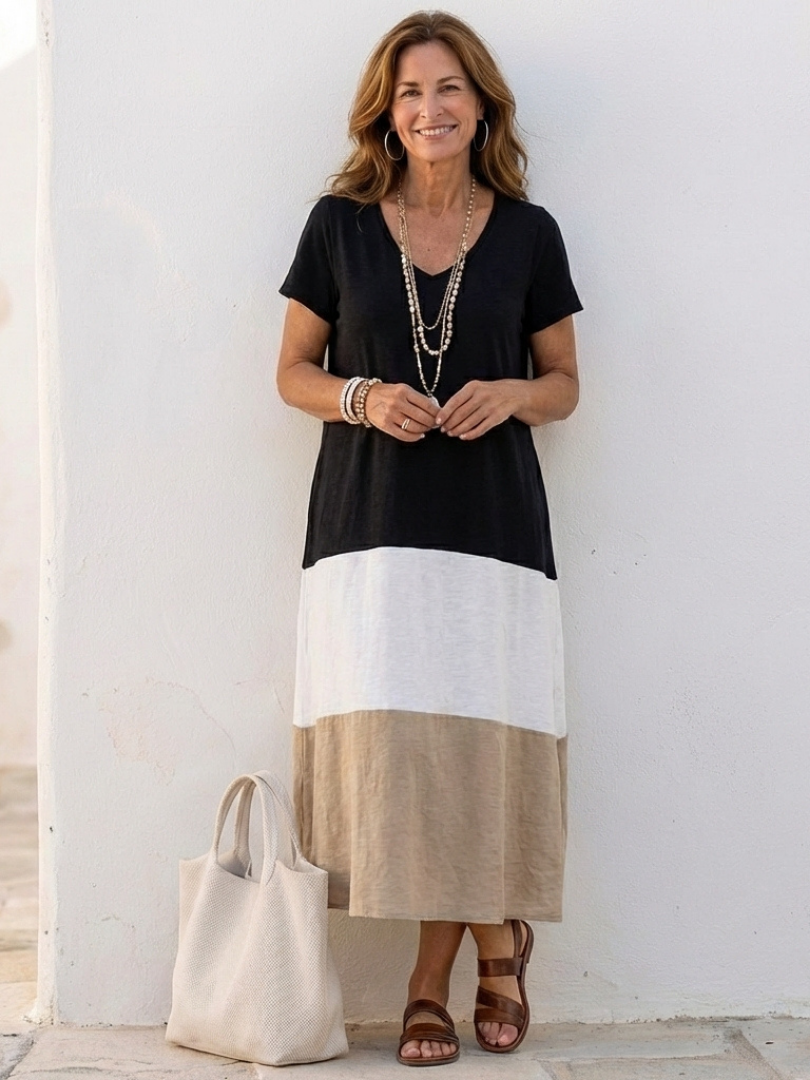 THALIA™ | Robe Midi à Manches Courtes en Color Block
