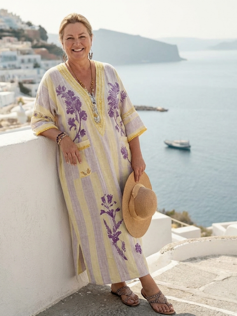 AURELIA™ | Robe Maxi Fleurie Rayée à Col V et Manches Mi-Longues