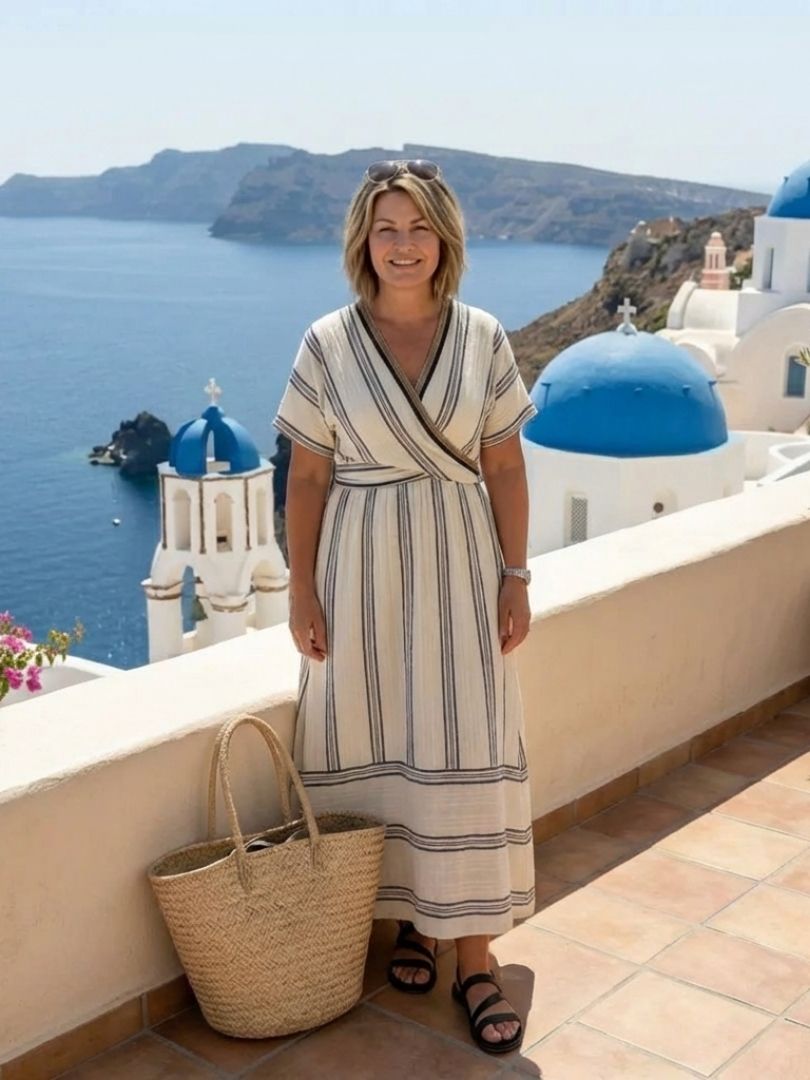 THALASSA™ | Robe midi à manches courtes en V avec taille drapée