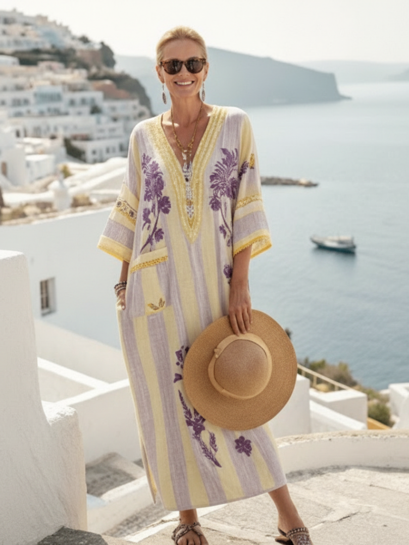 AURELIA™ | Robe Maxi Fleurie Rayée à Col V et Manches Mi-Longues