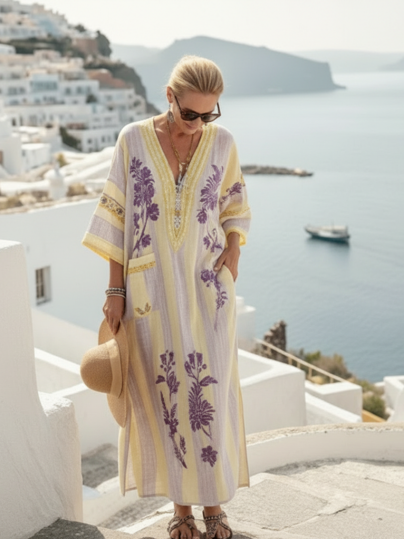 AURELIA™ | Robe Maxi Fleurie Rayée à Col V et Manches Mi-Longues
