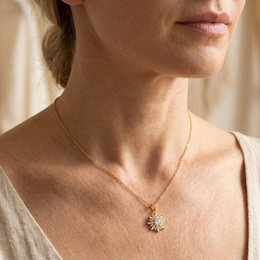 Collier et boucles d'oreilles en zircon argenté tendance en forme de tournesol