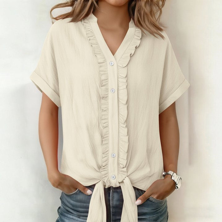 Kalyxa - Chemise femme coton col V manches courtes nouée été