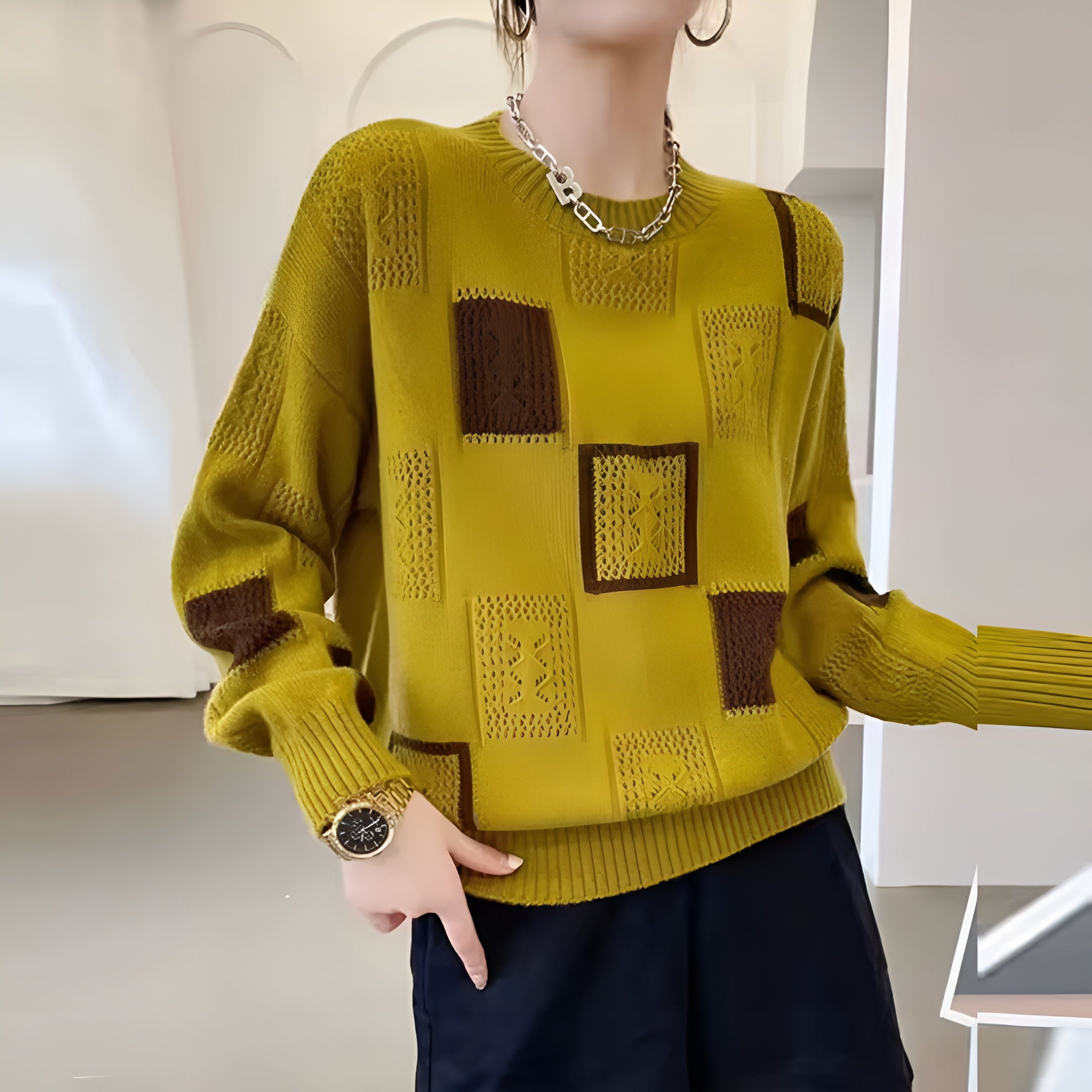 Adele - Pull Vintage à Carreaux Femme Automne-Hiver