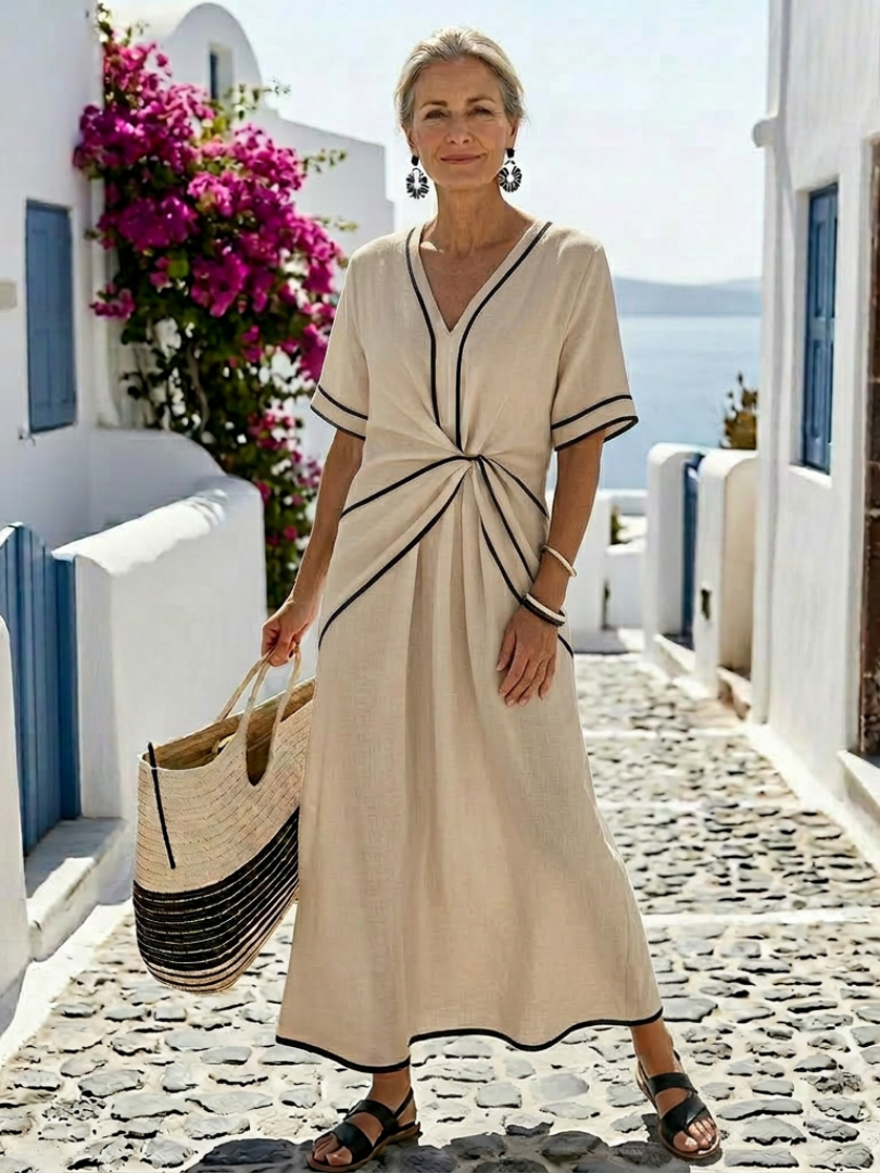LINNEA™ | Robe midi à manches courtes et décolleté en V