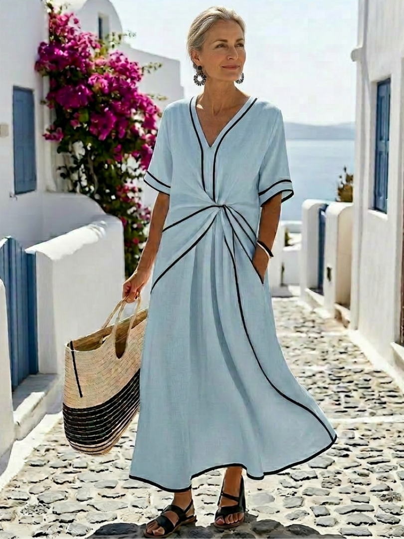 LINNEA™ | Robe midi à manches courtes et décolleté en V
