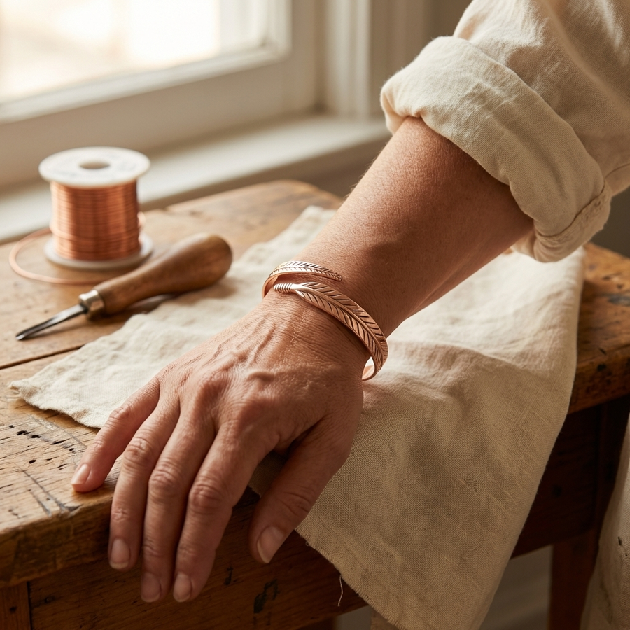 Élise | Bracelet en Cuivre Pur Feuille Élégante