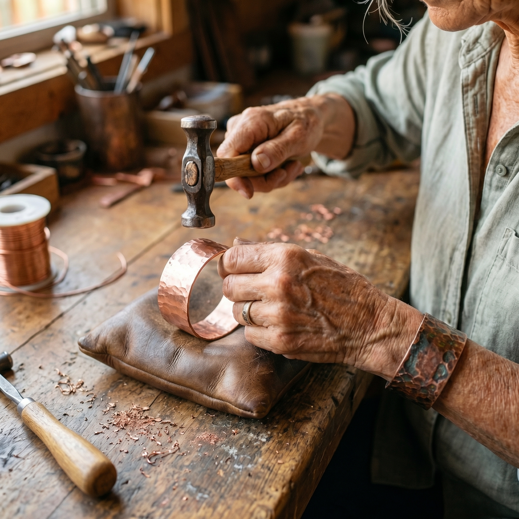 Élise | Bracelet en Cuivre Pur Feuille Élégante