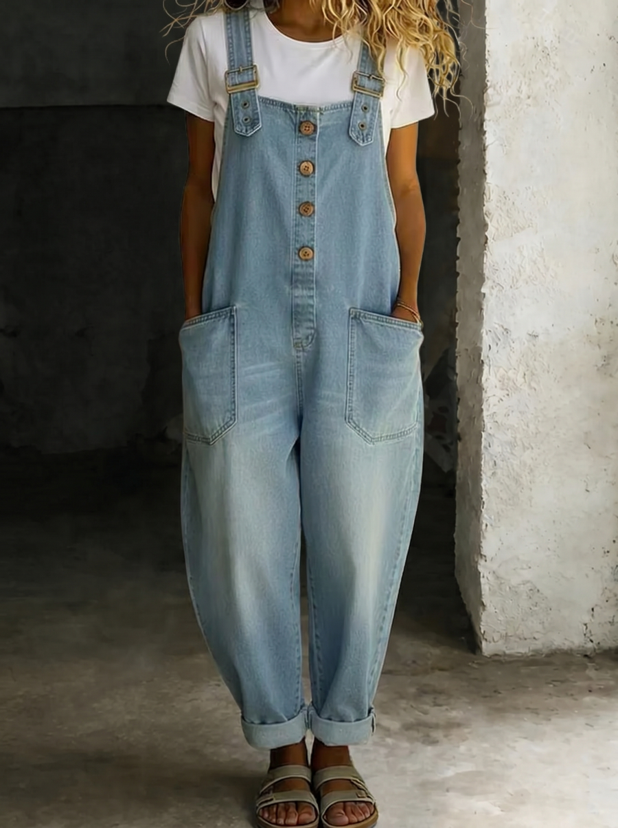 CARMEN | Combinaison en denim vintage en coton doux avec des bretelles réglables