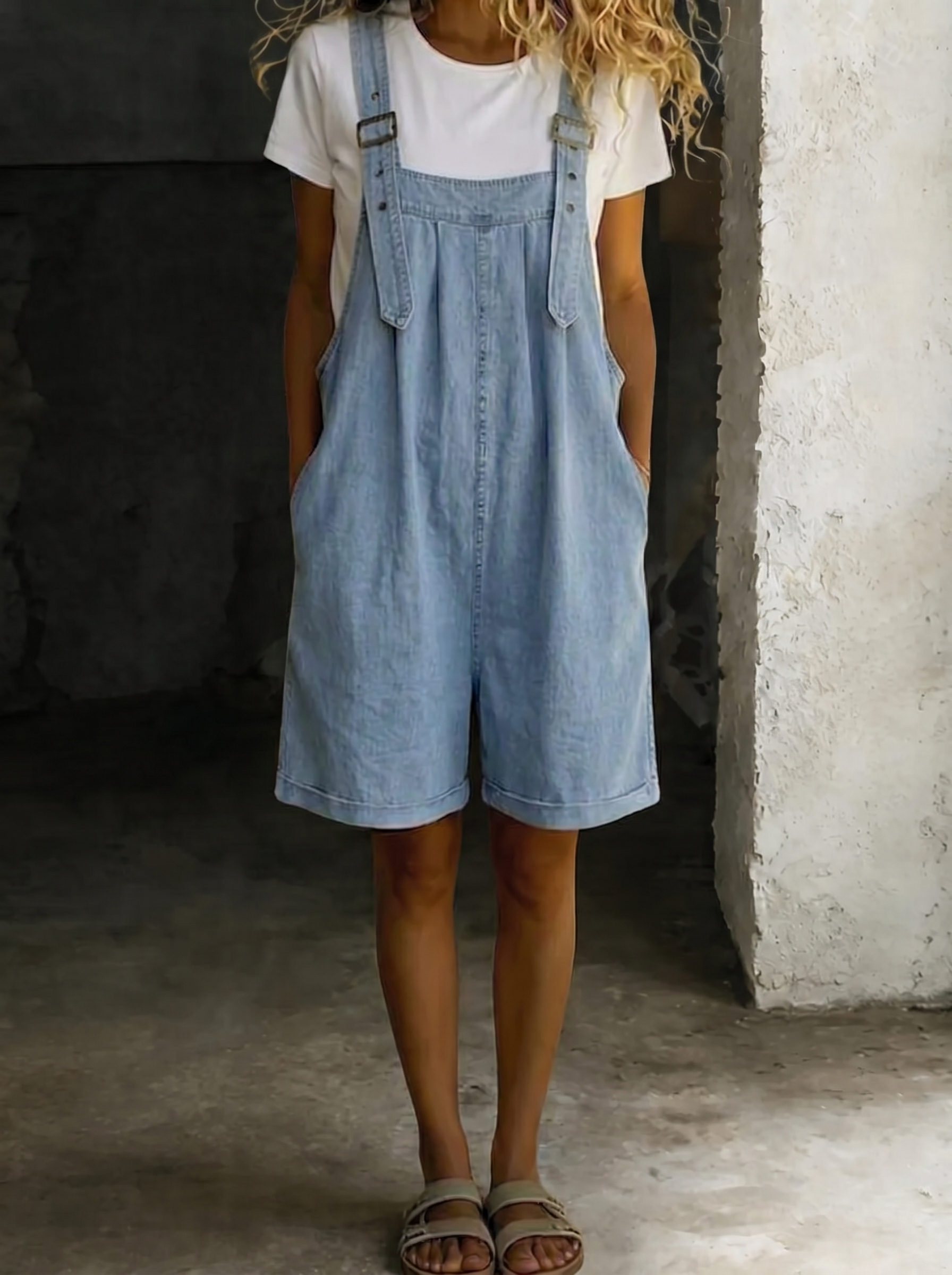 ISABEL | Combinaison en denim courte avec aspect coton doux et lavage vintage Bleu clair