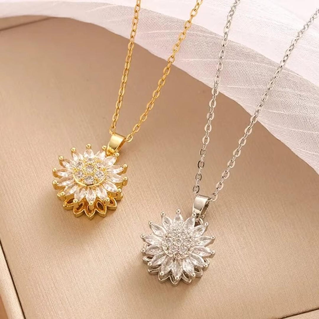 Collier et boucles d'oreilles en zircon argenté tendance en forme de tournesol