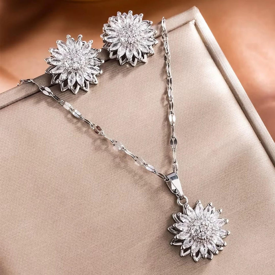 Collier et boucles d'oreilles en zircon argenté tendance en forme de tournesol