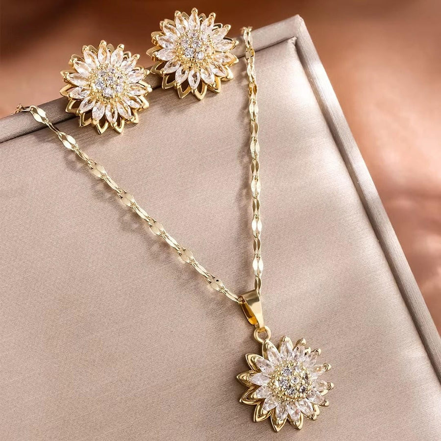 Collier et boucles d'oreilles en zircon argenté tendance en forme de tournesol