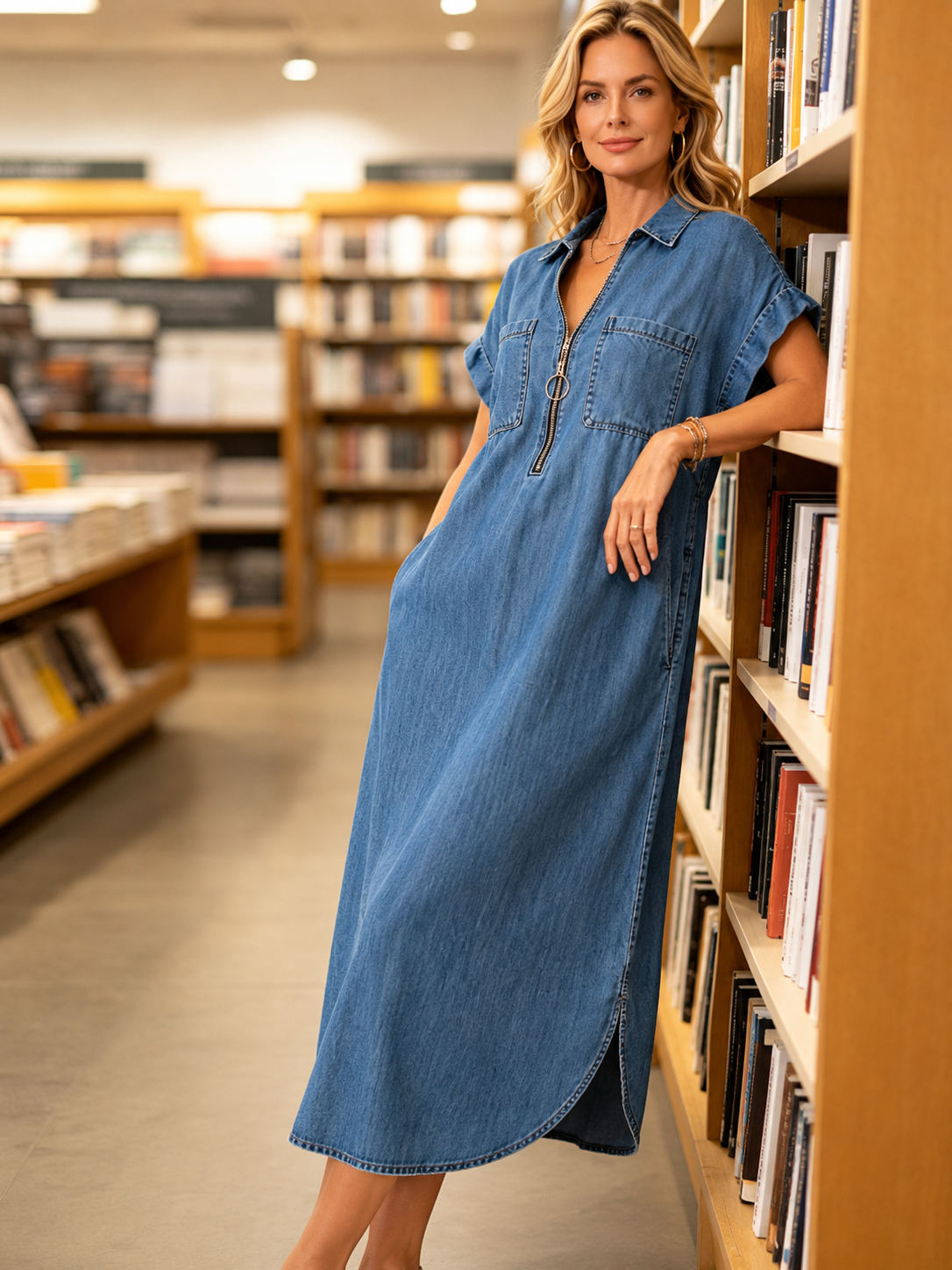 Galoria - Robe chemise denim femme avec zip et poches